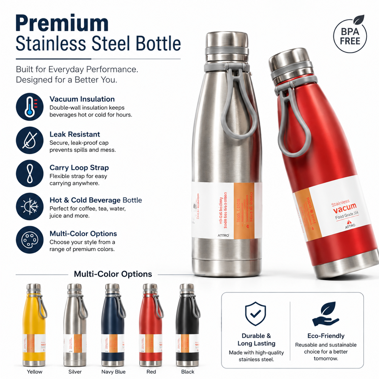 Stainless Steel Vacuum Water Bottle with Carry Strap | Hot & Cold Insulated Flask Bottle for School, Office, Gym, Travel & Outdoor Use | Assorted Colors - Image 2