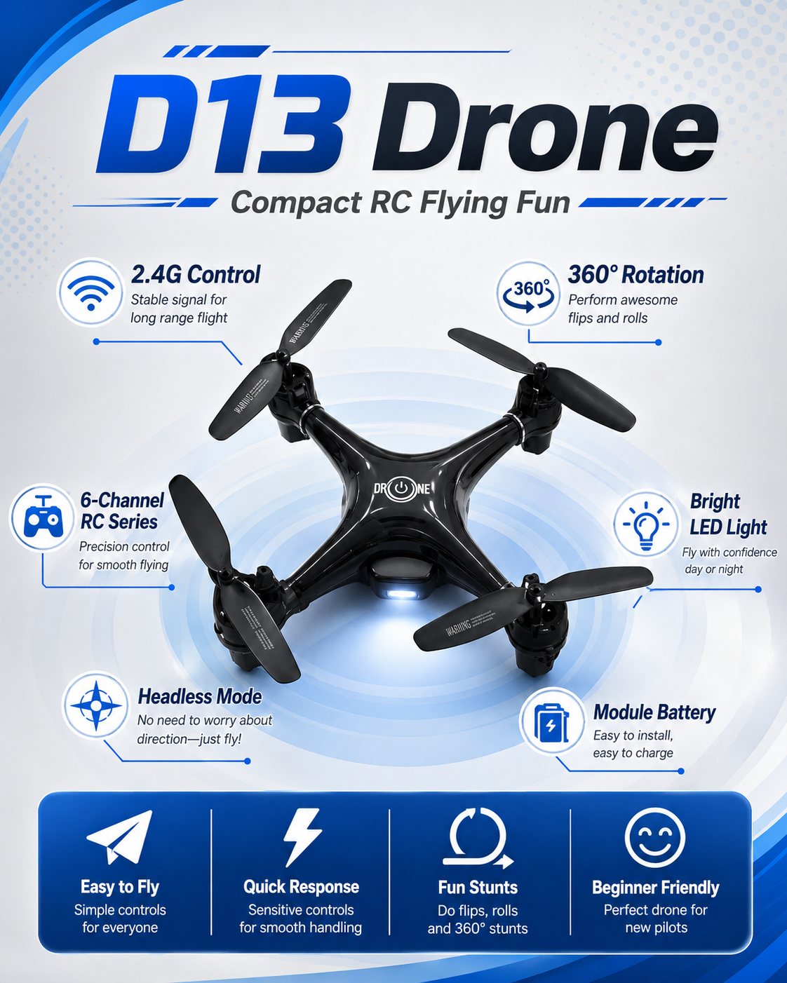 D13 2.4G RC Quadcopter Drone Toy | 6 Channel Remote Control Drone with Headless Mode, LED Light, Speed Mode & 360° Flip | Rechargeable Flying Toy - Image 2