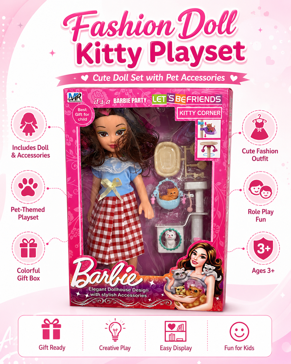 Barbie Style Fashion Doll Set with Kitty Accessories | Sweet Little Babies Doll Toy for Girls | Pretend Play Dollhouse Gift Set for Kids Age 3+ - Image 5