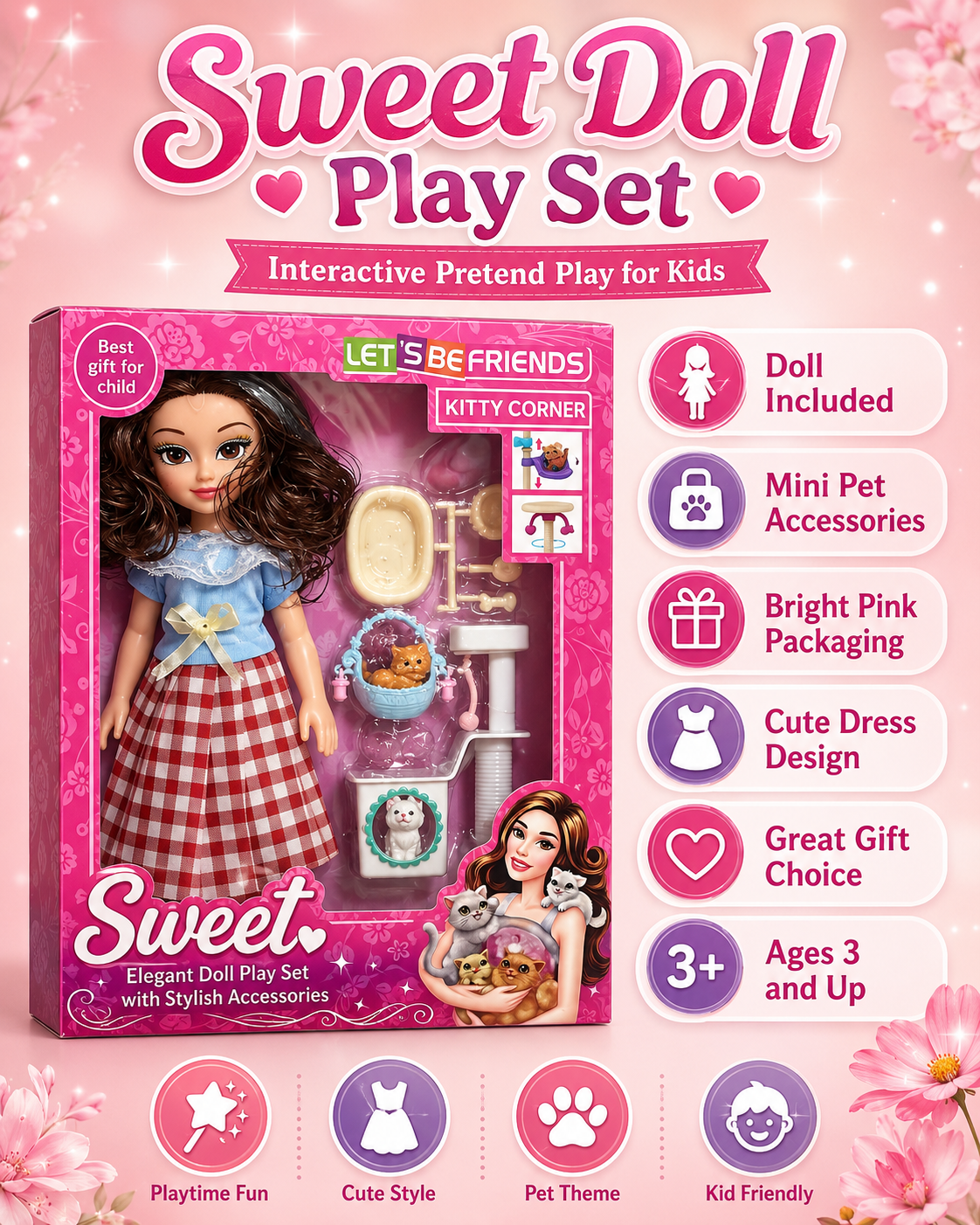 Barbie Style Fashion Doll Set with Kitty Accessories | Sweet Little Babies Doll Toy for Girls | Pretend Play Dollhouse Gift Set for Kids Age 3+ - Image 2