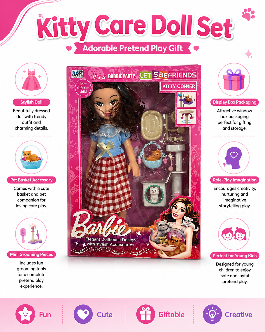 Barbie Style Fashion Doll Set with Kitty Accessories | Sweet Little Babies Doll Toy for Girls | Pretend Play Dollhouse Gift Set for Kids Age 3+ - Image 3