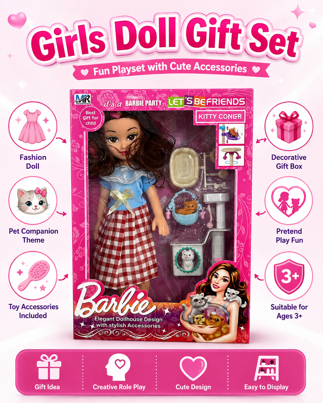 Barbie Style Fashion Doll Set with Kitty Accessories | Sweet Little Babies Doll Toy for Girls | Pretend Play Dollhouse Gift Set for Kids Age 3+ - Image 4