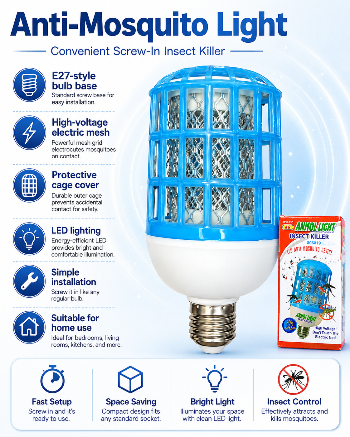 ANYOL Light LED Insect Killer Bulb JPN-330 | Electric Anti Mosquito Lamp with E27 Screw Base | Bug Zapper Mosquito Killer Light for Home, Room, Kitchen & Shop - Image 4