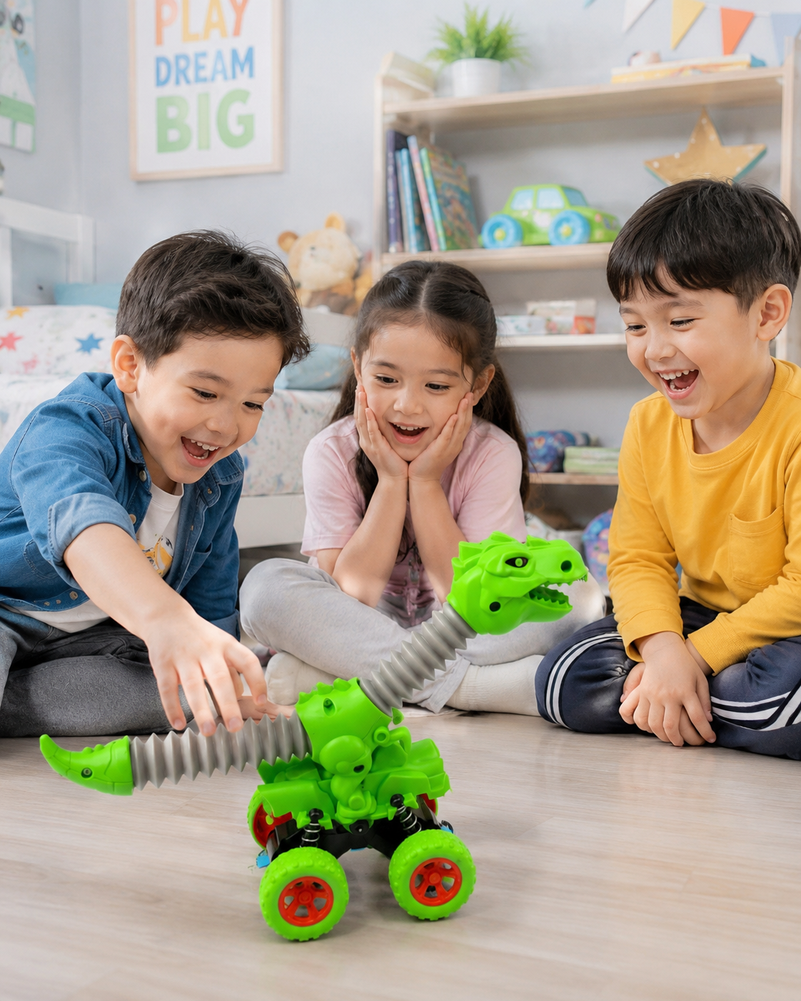 Dinosaur Stunt Car Toy for Kids | Stretchable Dino Vehicle with Retractable Neck & Tail | Push Racing Toy Car for Boys & Girls | Assorted Colors