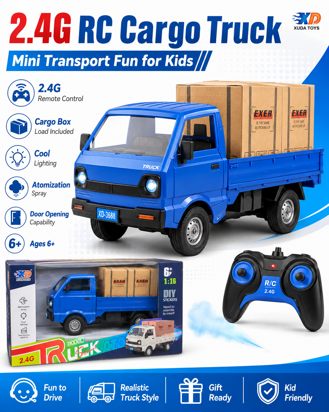2.4G Remote Control Cargo Truck Toy | RC Model Pickup Truck with Light, Spray Mist & Openable Door | DIY Sticker Truck Toy for Kids Age 6+ - Image 6