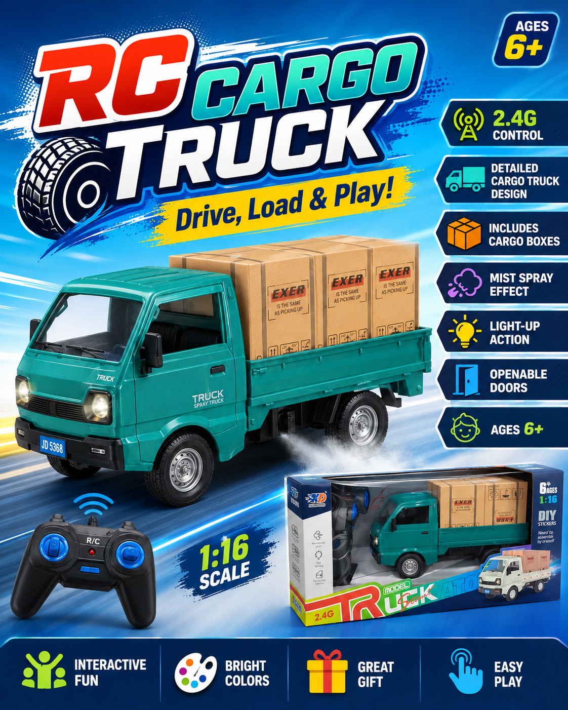 2.4G Remote Control Cargo Truck Toy | RC Model Pickup Truck with Light, Spray Mist & Openable Door | DIY Sticker Truck Toy for Kids Age 6+ - Image 7
