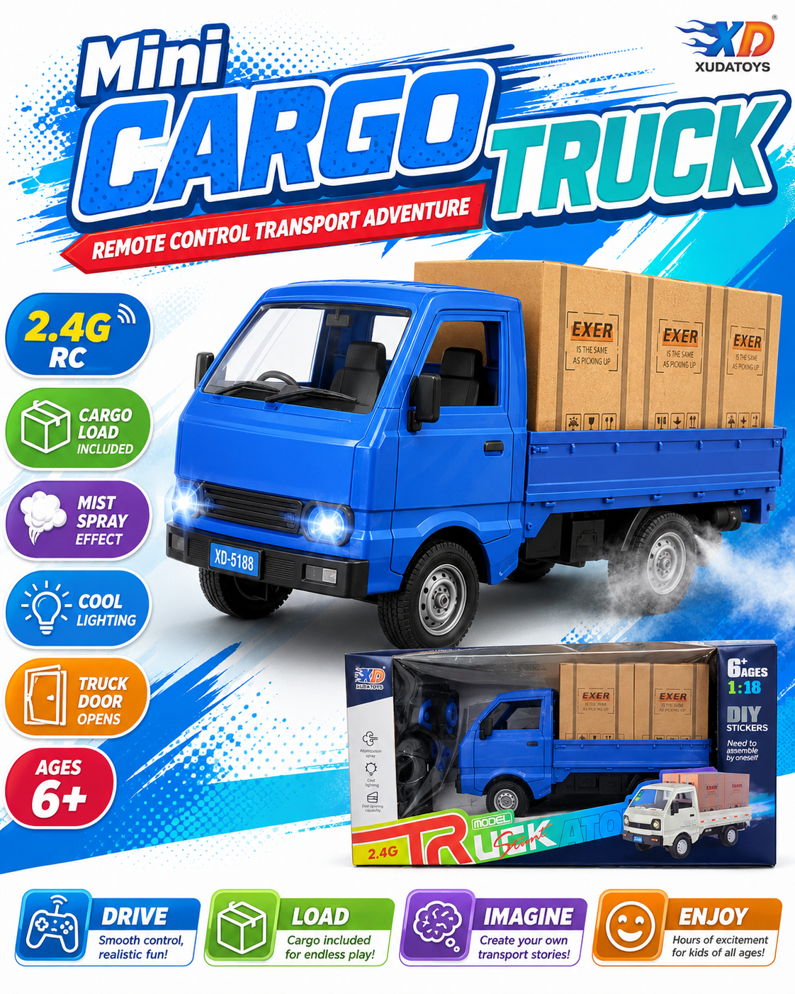 2.4G Remote Control Cargo Truck Toy | RC Model Pickup Truck with Light, Spray Mist & Openable Door | DIY Sticker Truck Toy for Kids Age 6+ - Image 4