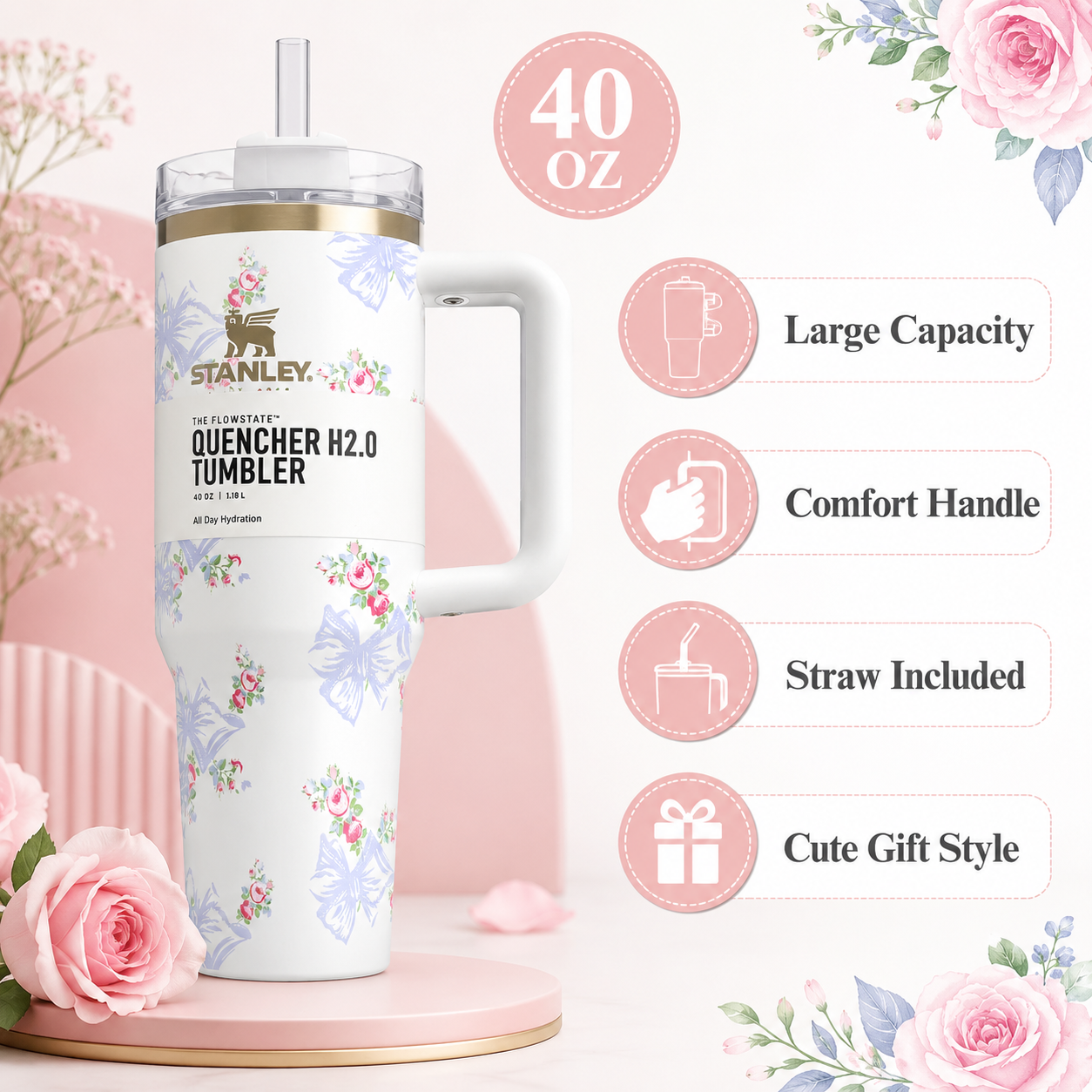 Stanley Style Quencher H2.0 40oz Pink Floral Tumbler with Handle & Straw – 1.18L Stainless Steel Insulated Travel Mug for Hot & Cold Drinks - Image 5