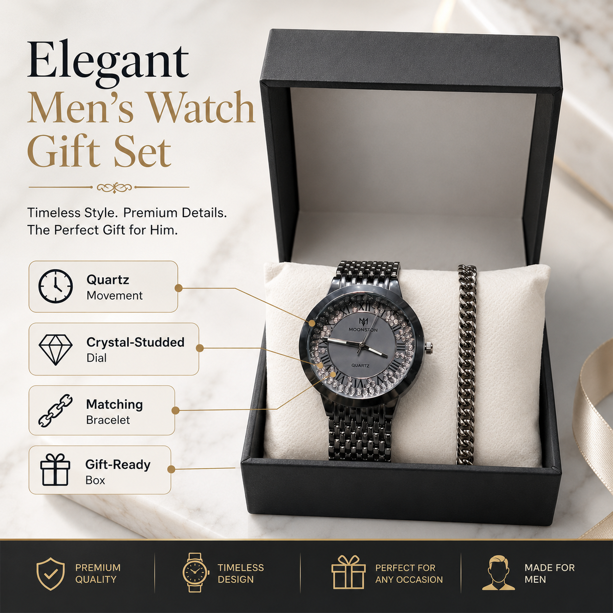 MOONSTON Quartz Analog Watch for Men with Chain Bracelet | Black Metal Strap Wrist Watch Gift Set | Stylish Fashion Watch with Premium Box - Image 8