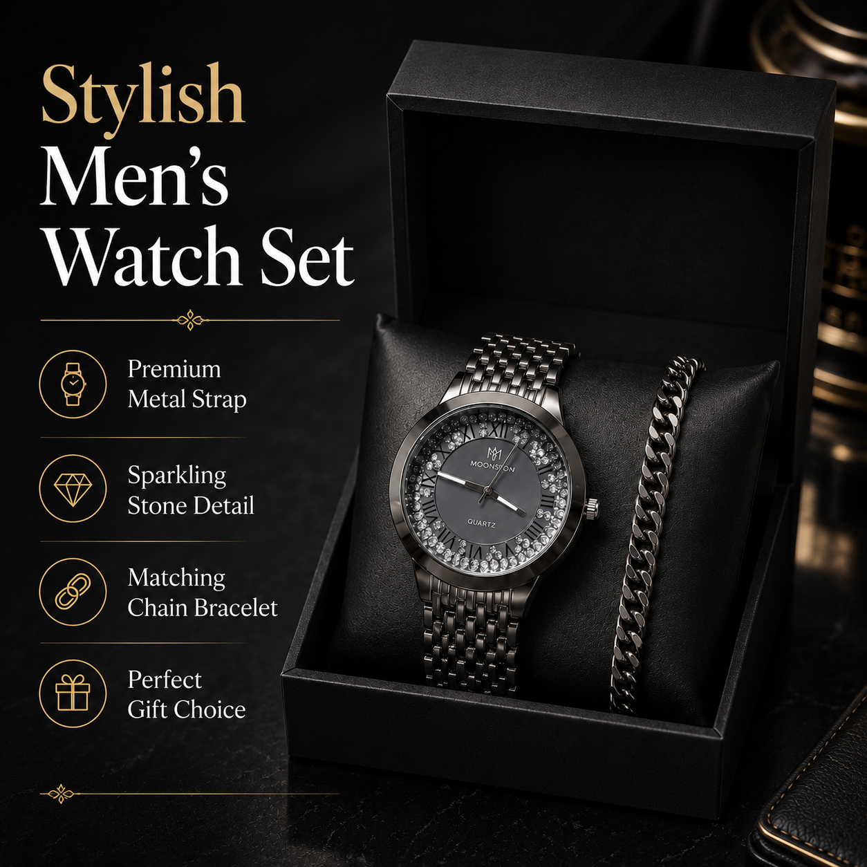 MOONSTON Quartz Analog Watch for Men with Chain Bracelet | Black Metal Strap Wrist Watch Gift Set | Stylish Fashion Watch with Premium Box - Image 9