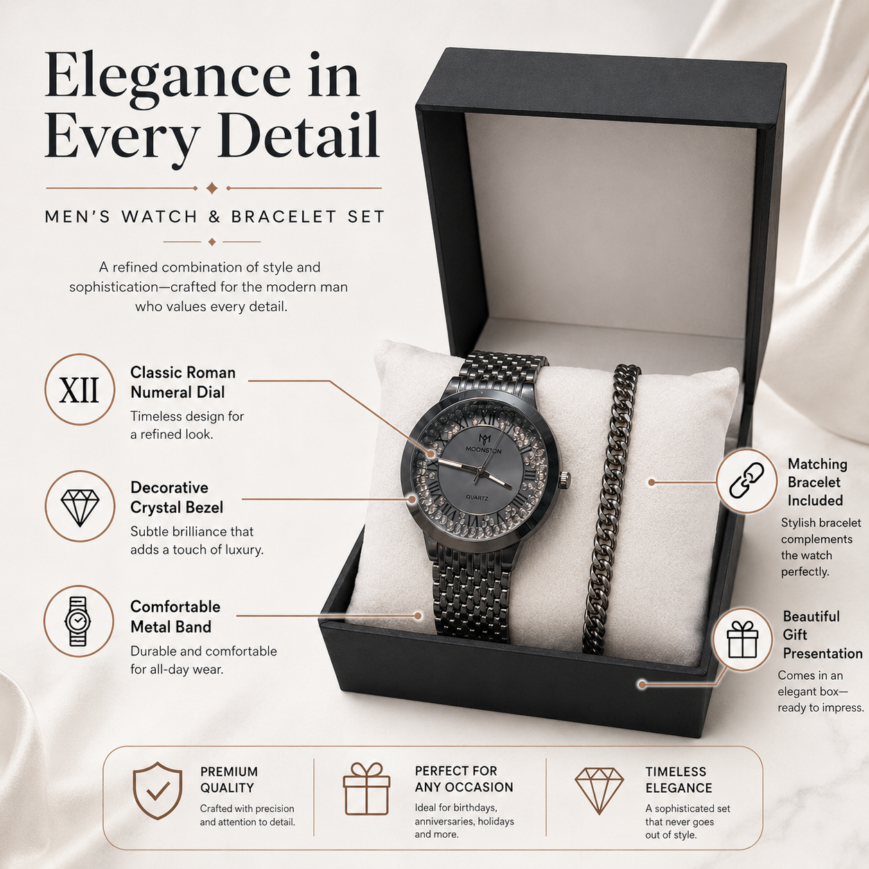 MOONSTON Quartz Analog Watch for Men with Chain Bracelet | Black Metal Strap Wrist Watch Gift Set | Stylish Fashion Watch with Premium Box - Image 6
