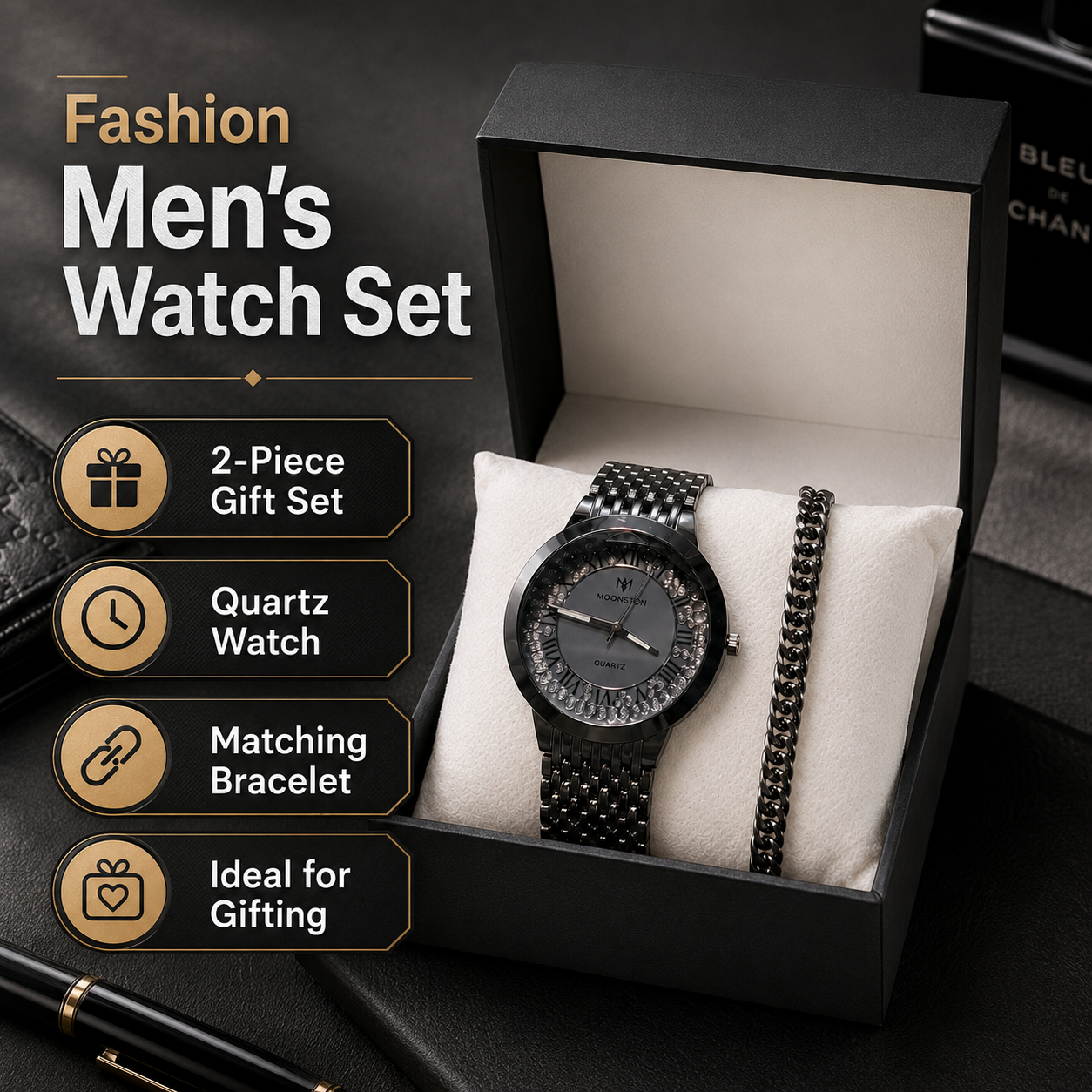 MOONSTON Quartz Analog Watch for Men with Chain Bracelet | Black Metal Strap Wrist Watch Gift Set | Stylish Fashion Watch with Premium Box - Image 7