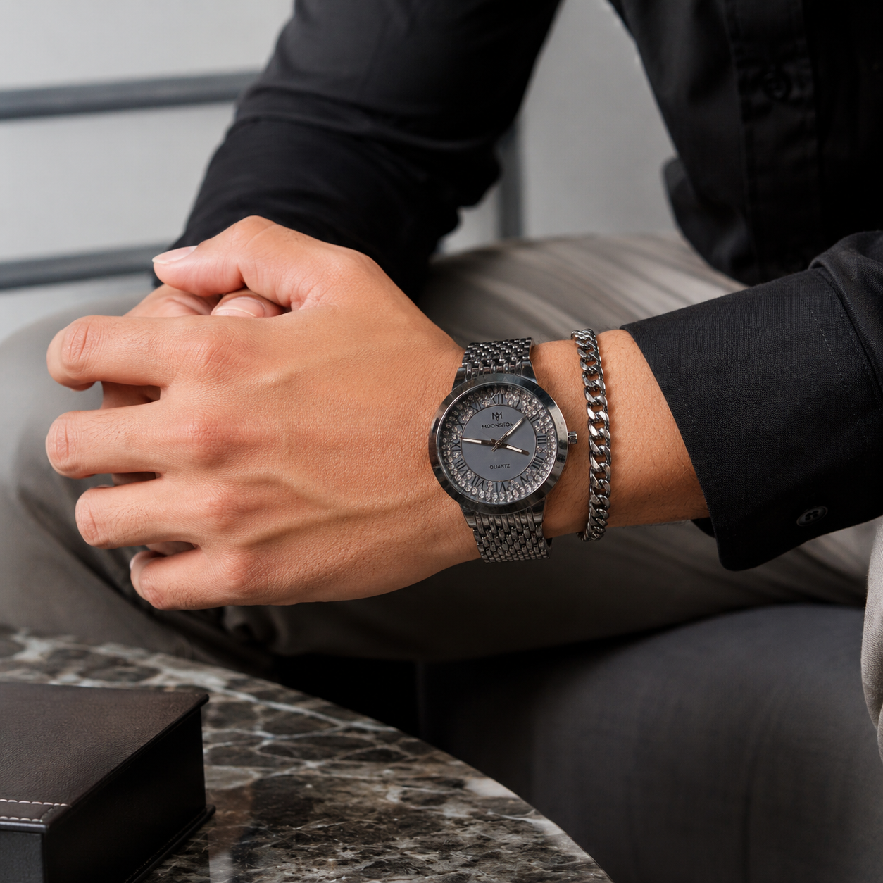 MOONSTON Quartz Analog Watch for Men with Chain Bracelet | Black Metal Strap Wrist Watch Gift Set | Stylish Fashion Watch with Premium Box - Image 5
