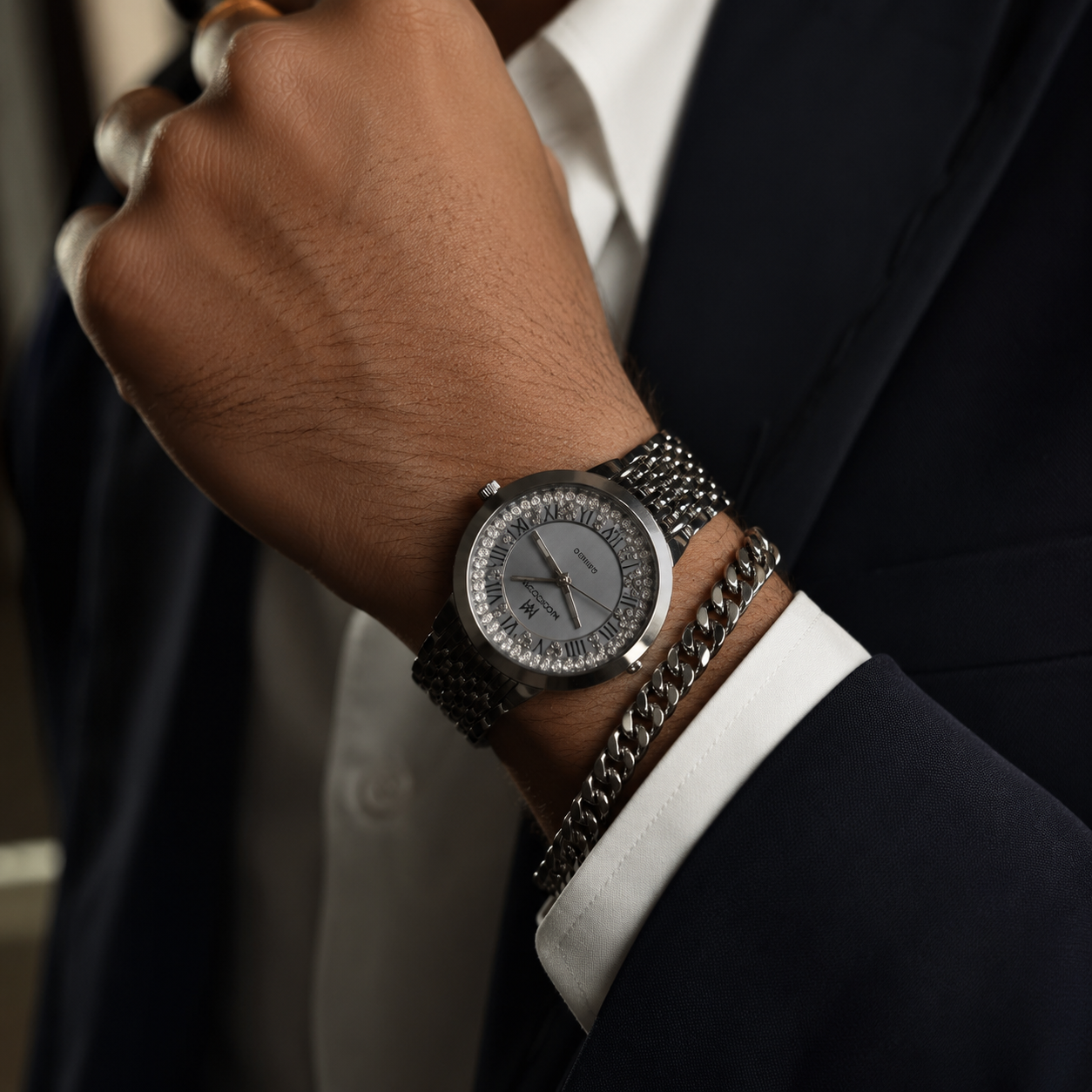 MOONSTON Quartz Analog Watch for Men with Chain Bracelet | Black Metal Strap Wrist Watch Gift Set | Stylish Fashion Watch with Premium Box