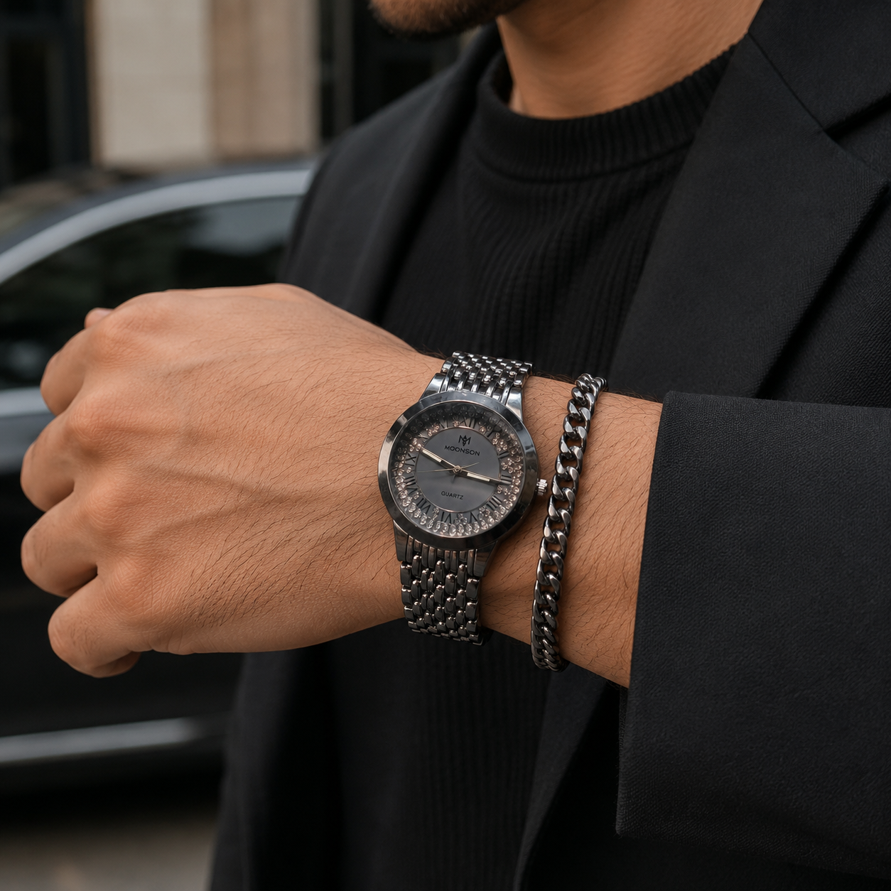 MOONSTON Quartz Analog Watch for Men with Chain Bracelet | Black Metal Strap Wrist Watch Gift Set | Stylish Fashion Watch with Premium Box - Image 2