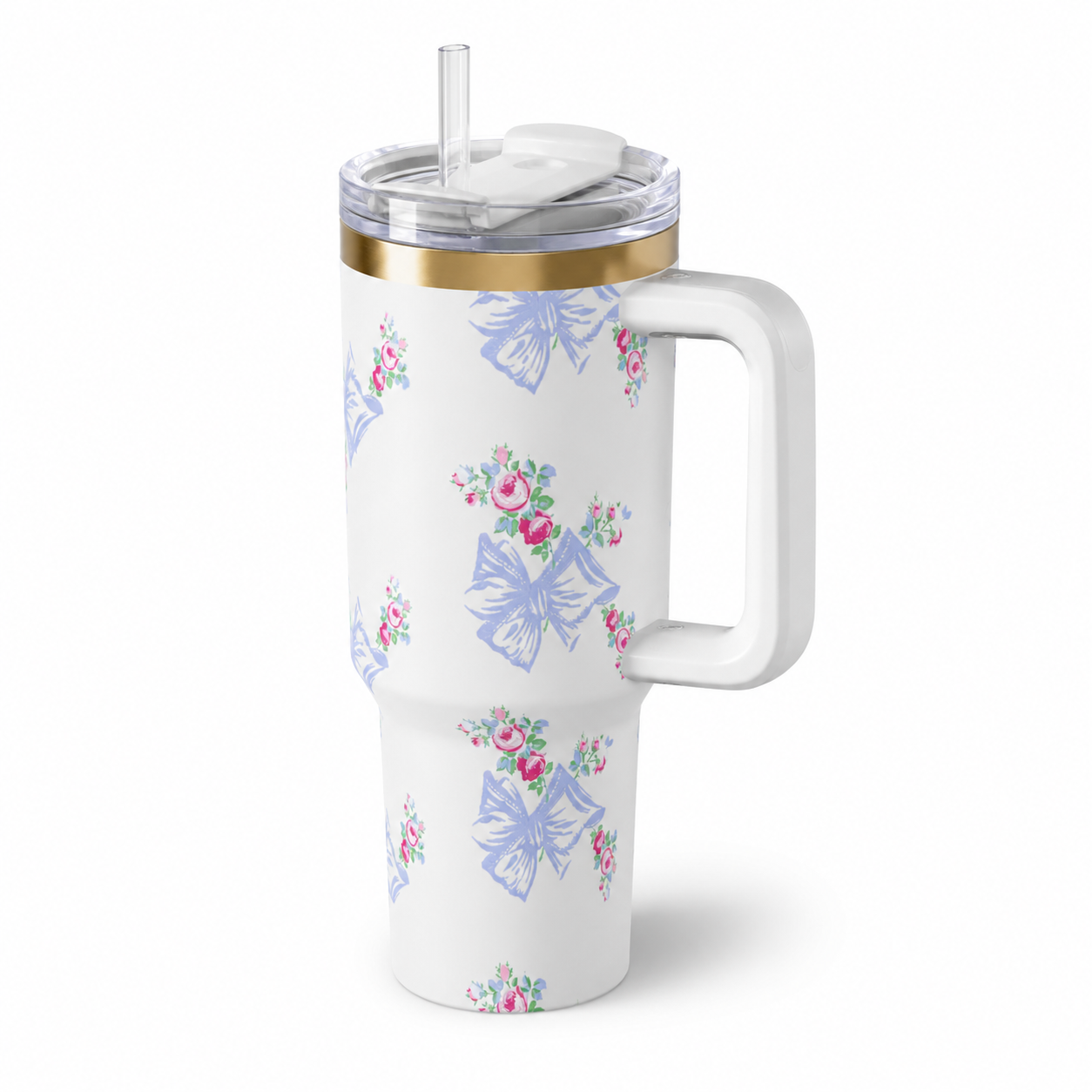 Stanley Style Quencher H2.0 40oz Pink Floral Tumbler with Handle & Straw – 1.18L Stainless Steel Insulated Travel Mug for Hot & Cold Drinks - Image 2
