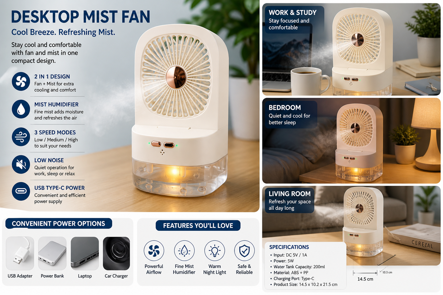 Portable Mini Air Cooler Fan with Water Mist Humidifier & LED Light – Rechargeable USB Desk Fan 3 Speed Cooling Fan for Home Office Bedroom Summer Cooling - Image 5
