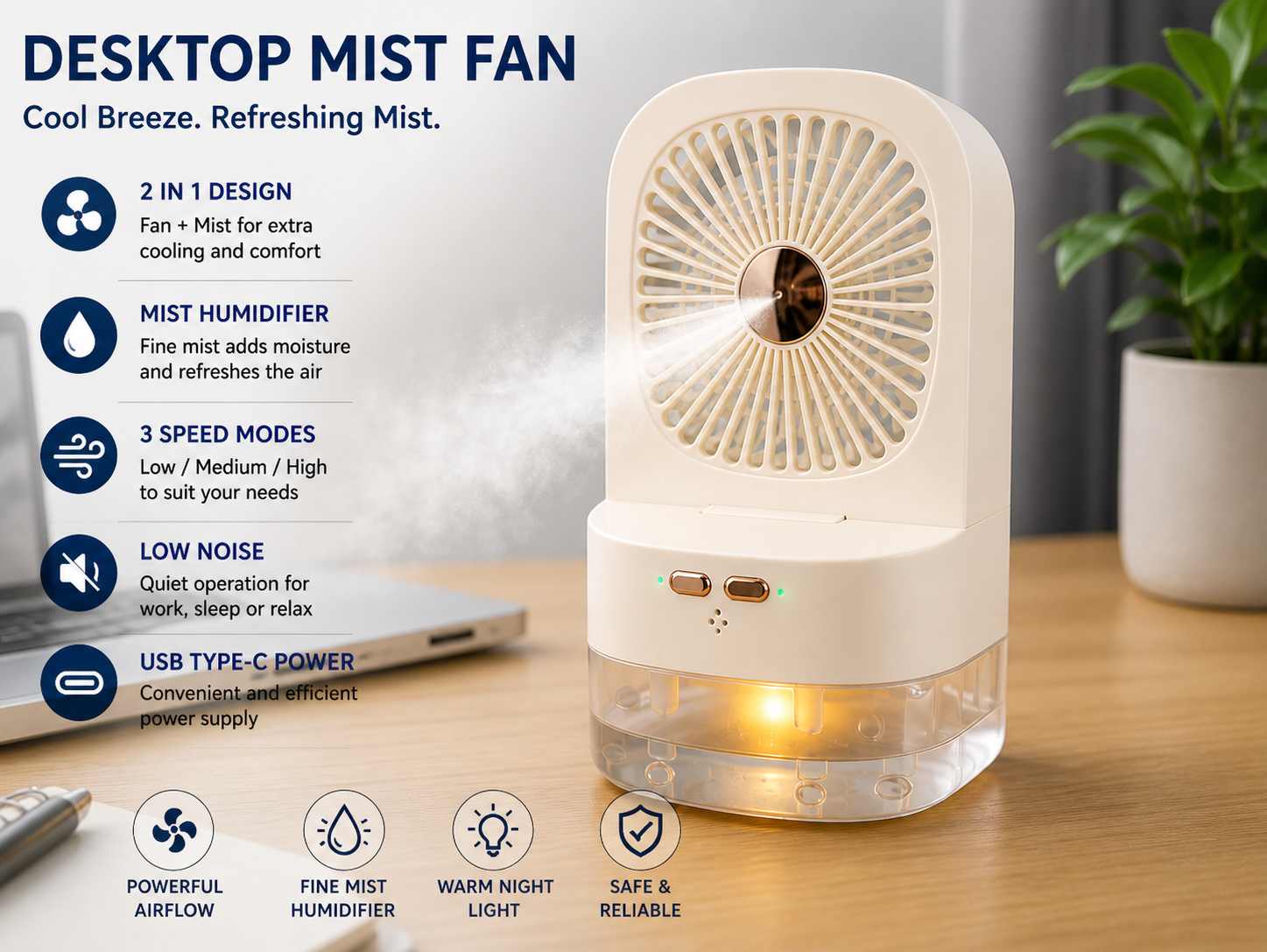 Portable Mini Air Cooler Fan with Water Mist Humidifier & LED Light – Rechargeable USB Desk Fan 3 Speed Cooling Fan for Home Office Bedroom Summer Cooling