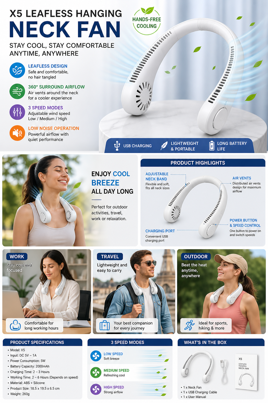 X5 Bladeless Neck Fan Rechargeable Hands Free Hanging Fan with 3 Speed Cooling, USB Charging, Low Noise & Adjustable Neckband for Travel, Office & Summer Use - Image 8