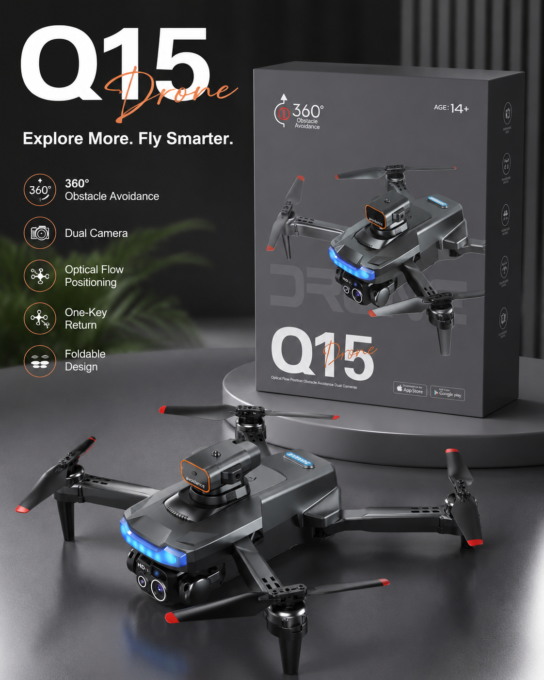 Q15 RC Drone with HD Dual Camera & 360 Obstacle Avoidance – Foldable Remote Control Drone for Beginners