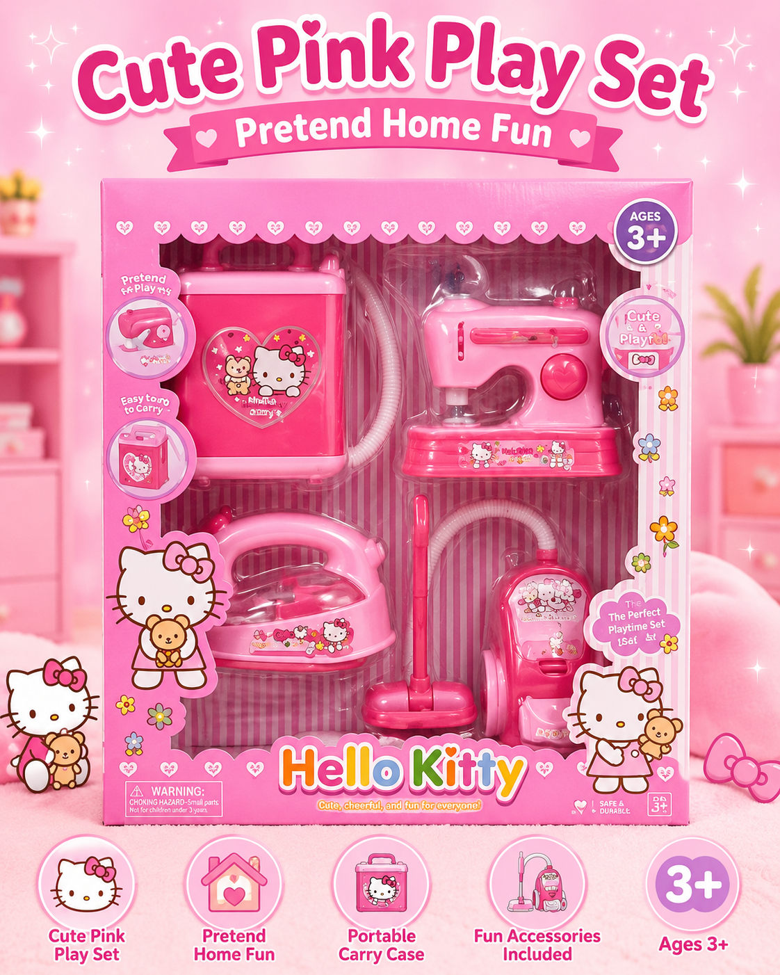Kids Hello Kitty Housekeeping Play Set – Toy Cleaning Kit with Vacuum Cleaner, Iron & Sewing Machine for Girls - Image 11