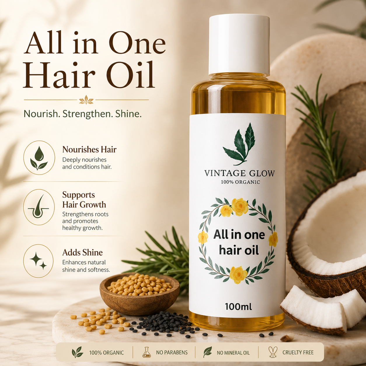 Hair Oil 100ml Vintage Glow All in One - Rosemary, Fenugreek & Coconut Hair Oil for Hair Growth, Hair Fall Control & Deep Nourishment - Image 9