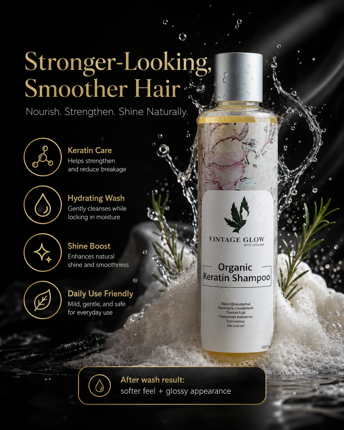Vintage Glow Organic Keratin Shampoo 200ml - 100% Natural Sulfate & Paraben Free | Premium Hair Repair, Smooth & Shiny Hair Formula - Image 8