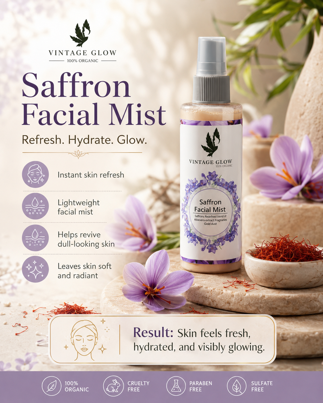 Facial Mist Vintage Glow Saffron 100ml - 100% Organic Natural Face Mist | Deep Hydration, Radiance & Glowing Skin with Saffron & Rose - Image 9
