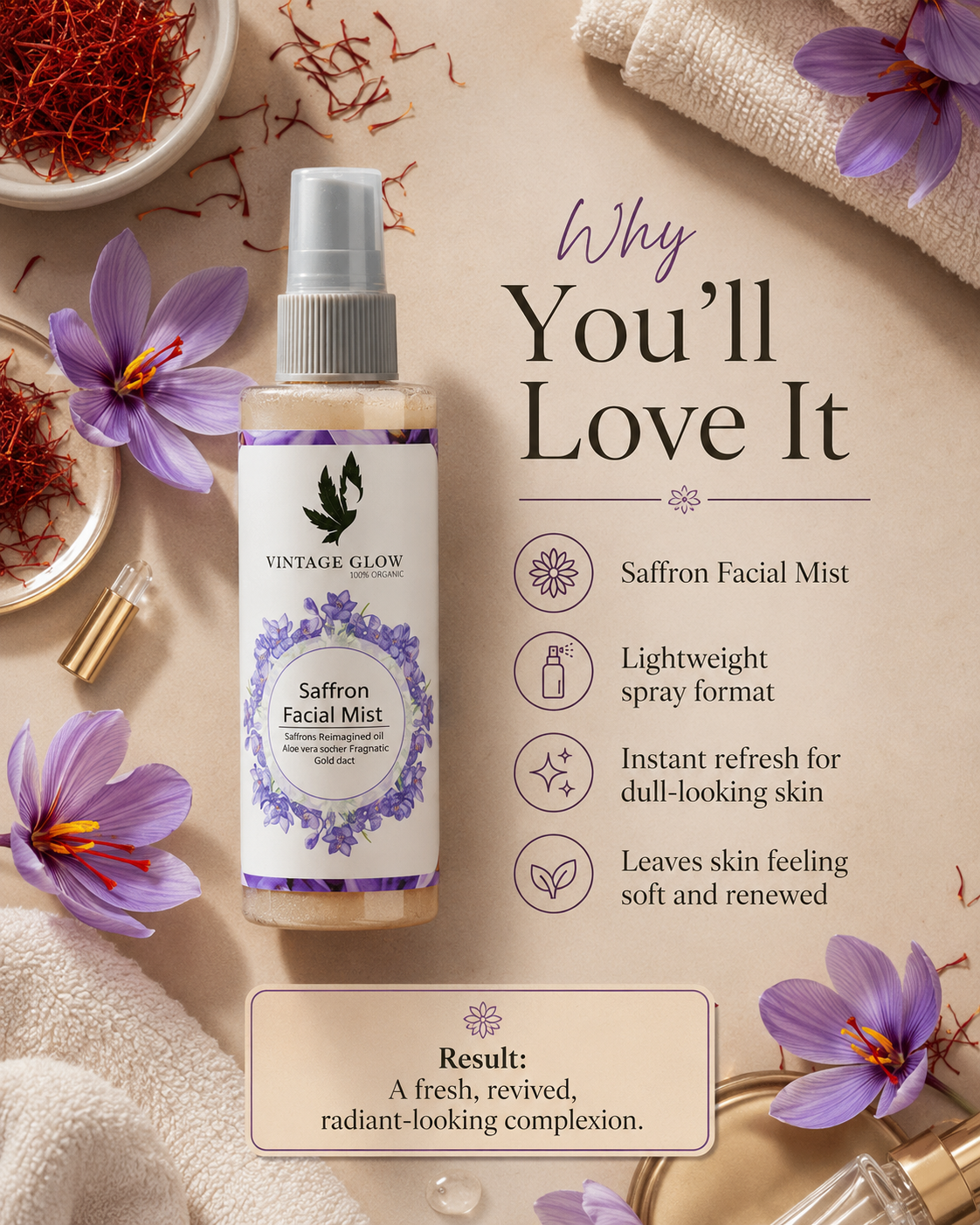 Facial Mist Vintage Glow Saffron 100ml - 100% Organic Natural Face Mist | Deep Hydration, Radiance & Glowing Skin with Saffron & Rose - Image 2