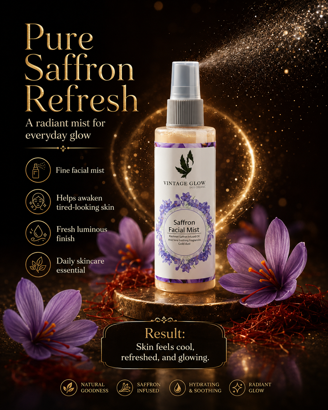 Facial Mist Vintage Glow Saffron 100ml - 100% Organic Natural Face Mist | Deep Hydration, Radiance & Glowing Skin with Saffron & Rose - Image 3