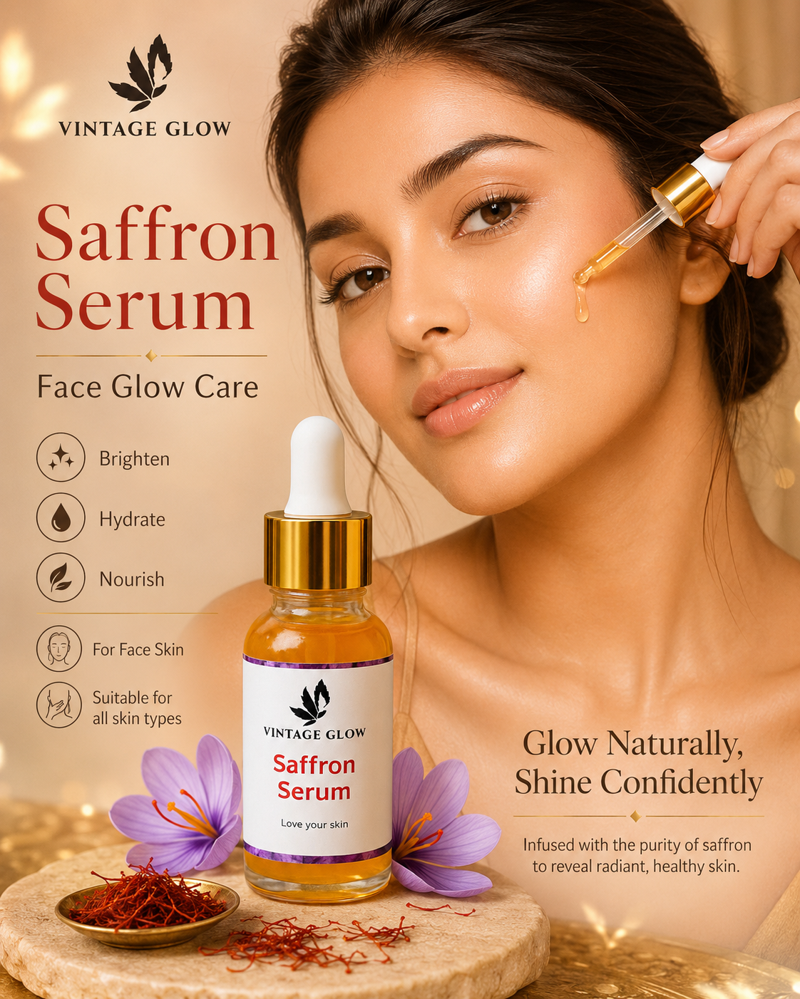 Saffron Serum Vintage Glow 15ml - Pure Saffron Face Serum for Brightening, Glow & Even Skin Tone