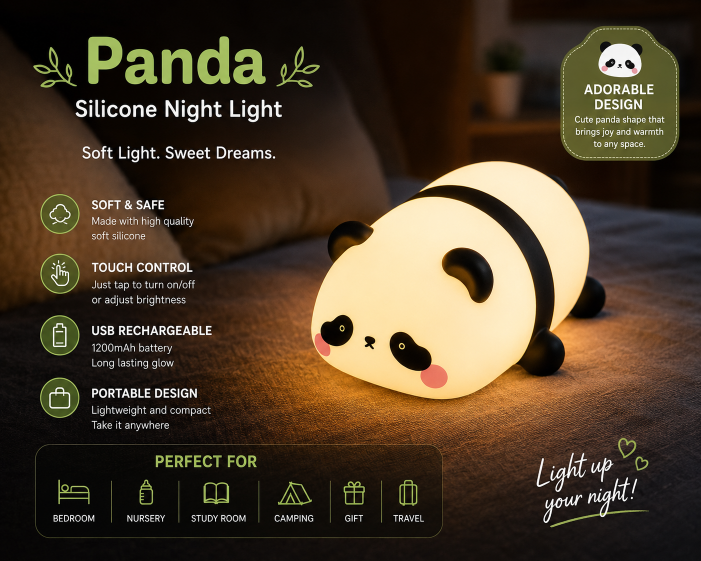 Cute Panda Silicone Night Light for Kids – Soft Touch LED Bedside Lamp, Portable Cartoon Night Lamp for Baby Room, Bedroom & Gift - Image 12
