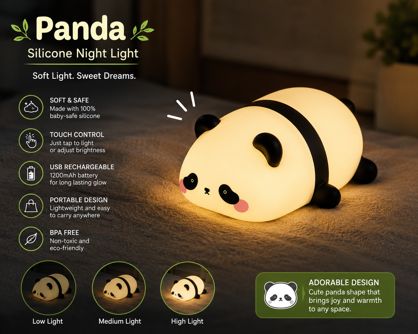 Cute Panda Silicone Night Light for Kids – Soft Touch LED Bedside Lamp, Portable Cartoon Night Lamp for Baby Room, Bedroom & Gift - Image 10