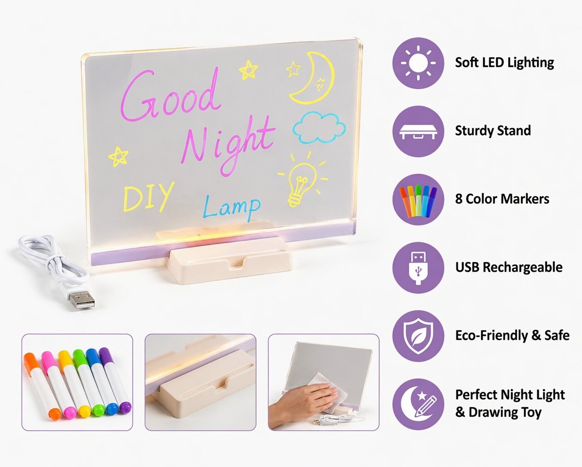 8x8 Inch DIY - Personalized LED Drawing Board with 8 Markers | Night Light Message Board for Gifts, Room Decor & Kids - Image 3