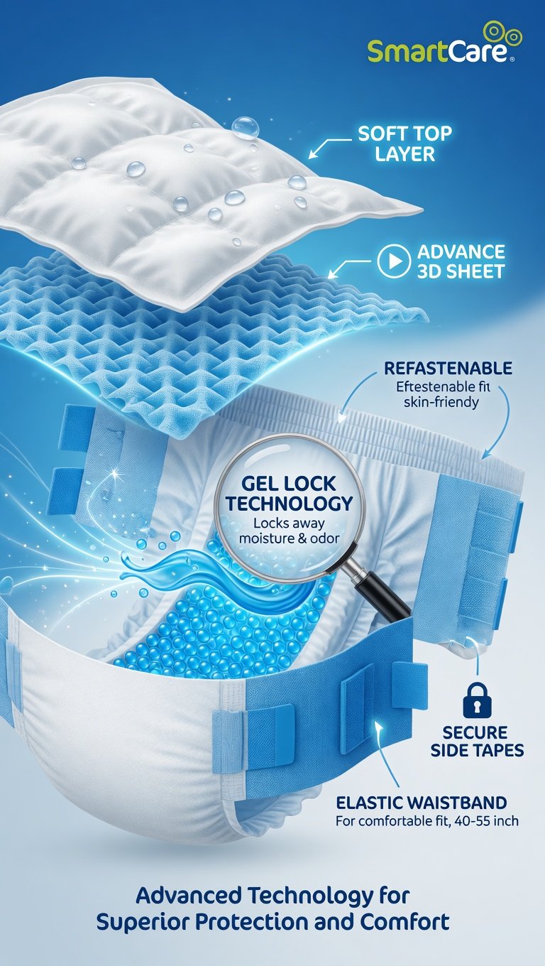 SmartCare Adult Diapers Large L 10pcs - Unisex Gel Lock Technology | Waist 40-55 inch (102-140cm) | Quick Dry & Germ Protection - Image 7
