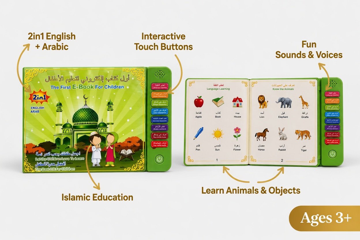 2-in-1 First E-Book for Children - English & Arabic Interactive Educational Tablet Islamic Learning, Animals, Numbers, Colors & Shapes | Kids 3+ - Image 3