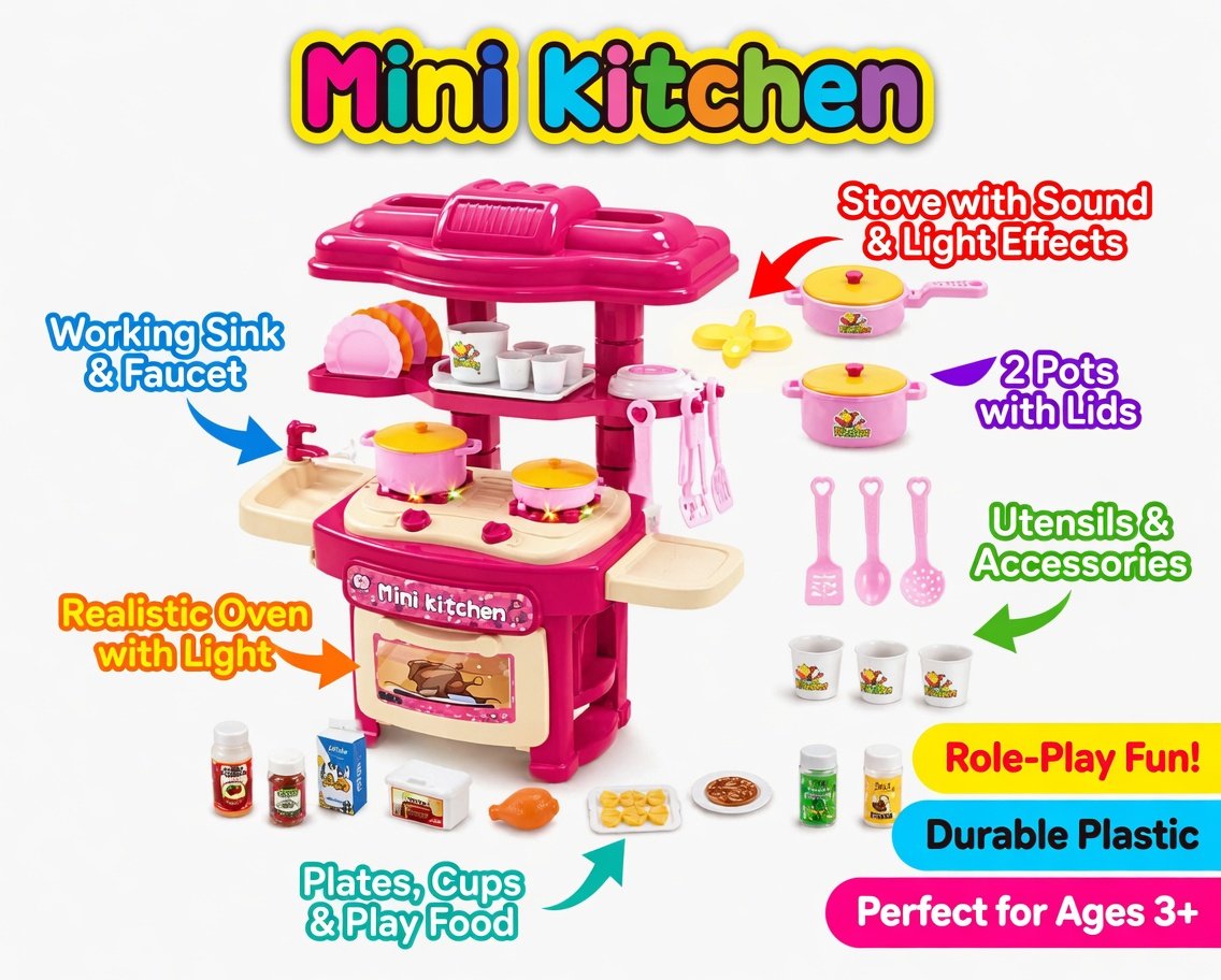 45 PCS Mini Kitchen Set for Girls - Electric Pink Toy Kitchen with Lights, Sounds & Realistic Accessories | Cooking Role Play Set for Kids 3+ - Image 5