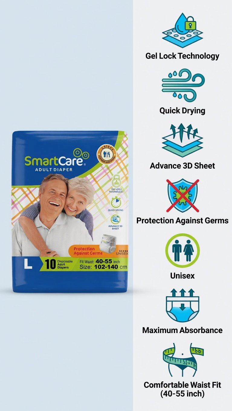 SmartCare Adult Diapers Large L 10pcs - Unisex Gel Lock Technology | Waist 40-55 inch (102-140cm) | Quick Dry & Germ Protection - Image 5