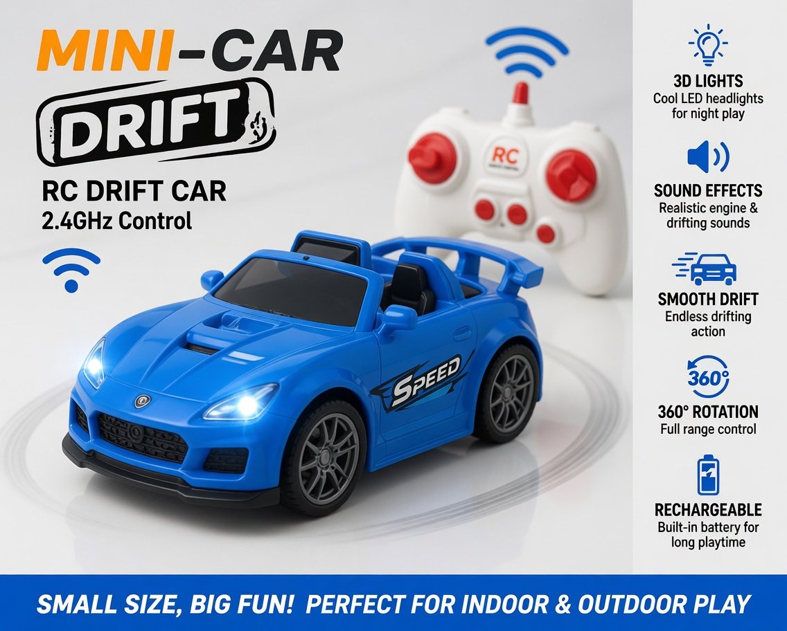 Mini RC Drift Car 2.4GHz - Blue Remote Control Drift Racing Car with 360° Spin, LED Lights, Sound Effects & Rechargeable Battery | Kids Toy Car - Image 3