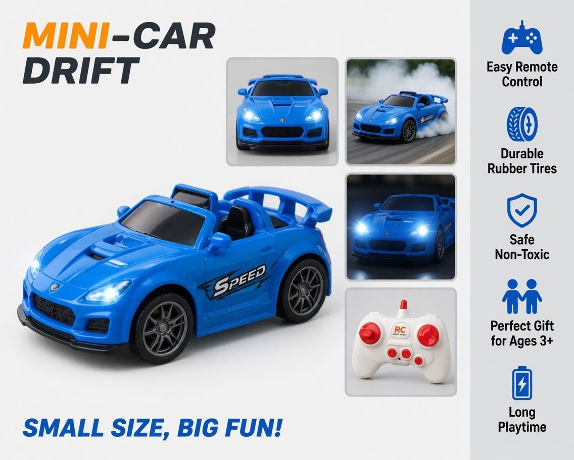 Mini RC Drift Car 2.4GHz - Blue Remote Control Drift Racing Car with 360° Spin, LED Lights, Sound Effects & Rechargeable Battery | Kids Toy Car - Image 4