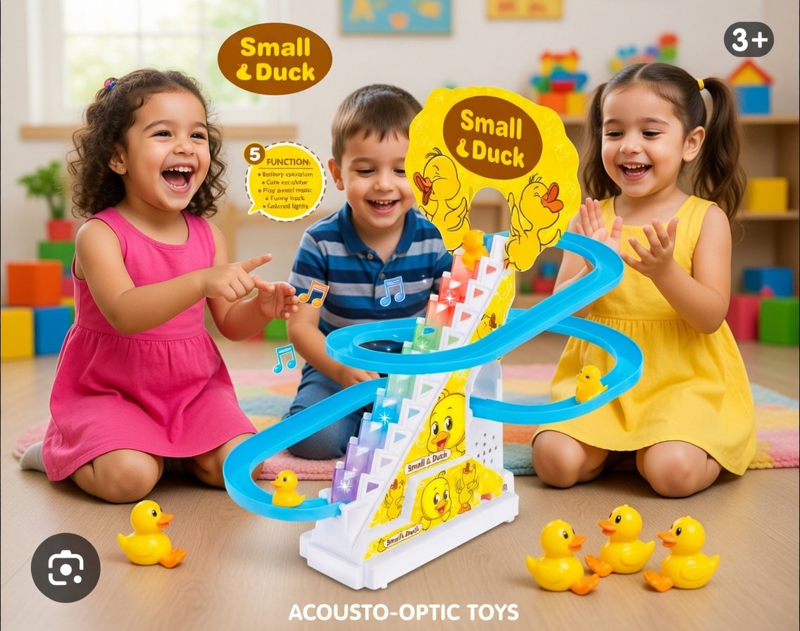 Small Ducks Climbing Toys - Electric Ducks Chasing Race Track Game Set - Playful Roller Coaster Toy with 3 Ducks LED Flashing Lights & Music Button - Fun Duck Stair Climbing Toy for Toddlers and Kids