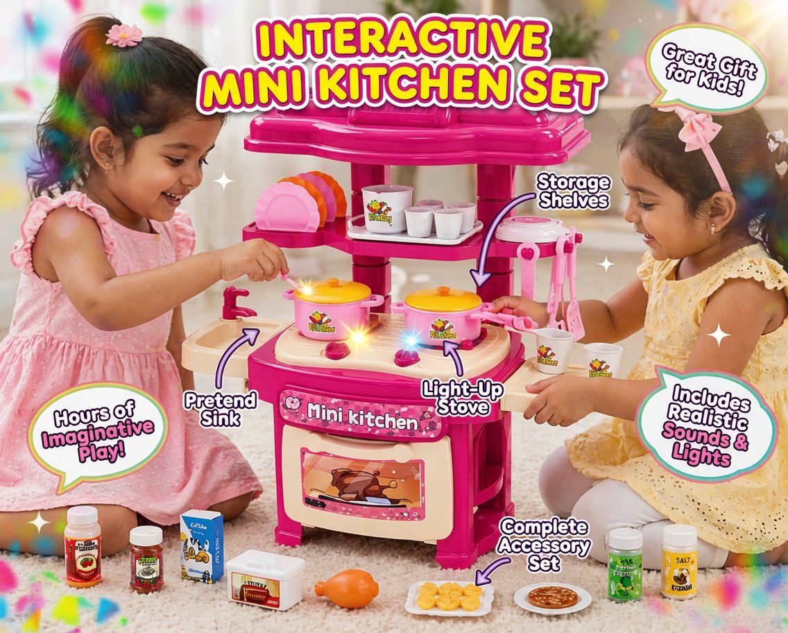 45 PCS Mini Kitchen Set for Girls - Electric Pink Toy Kitchen with Lights, Sounds & Realistic Accessories | Cooking Role Play Set for Kids 3+ - Image 4