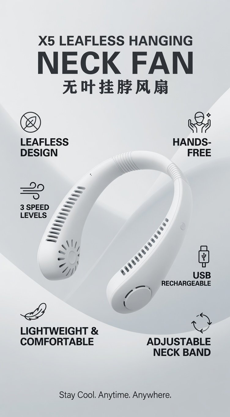 X5 Bladeless Neck Fan Rechargeable Hands Free Hanging Fan with 3 Speed Cooling, USB Charging, Low Noise & Adjustable Neckband for Travel, Office & Summer Use - Image 5