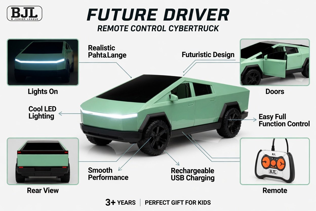 Tesla Cybertruck Style RC Pickup Truck - Future Driver BJL Mint Green Remote Control Car with Cool Lighting, Charging Station & EV Design | Kids Toy 3+ - Image 4
