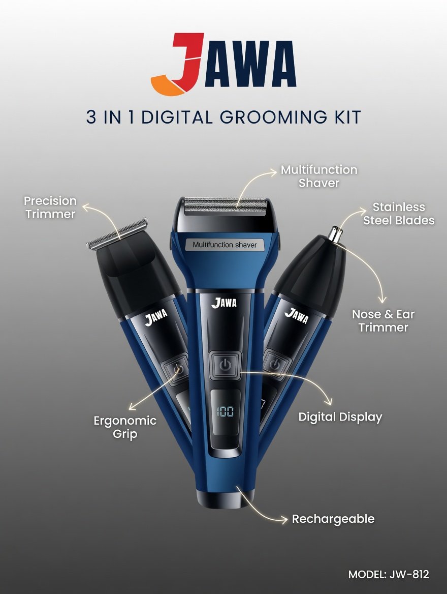 JAWA 3 in 1 Grooming Kit JW-812 Rechargeable Beard Trimmer Hair Clipper Nose Trimmer Men Grooming Set With 1 Year Warranty - Image 4