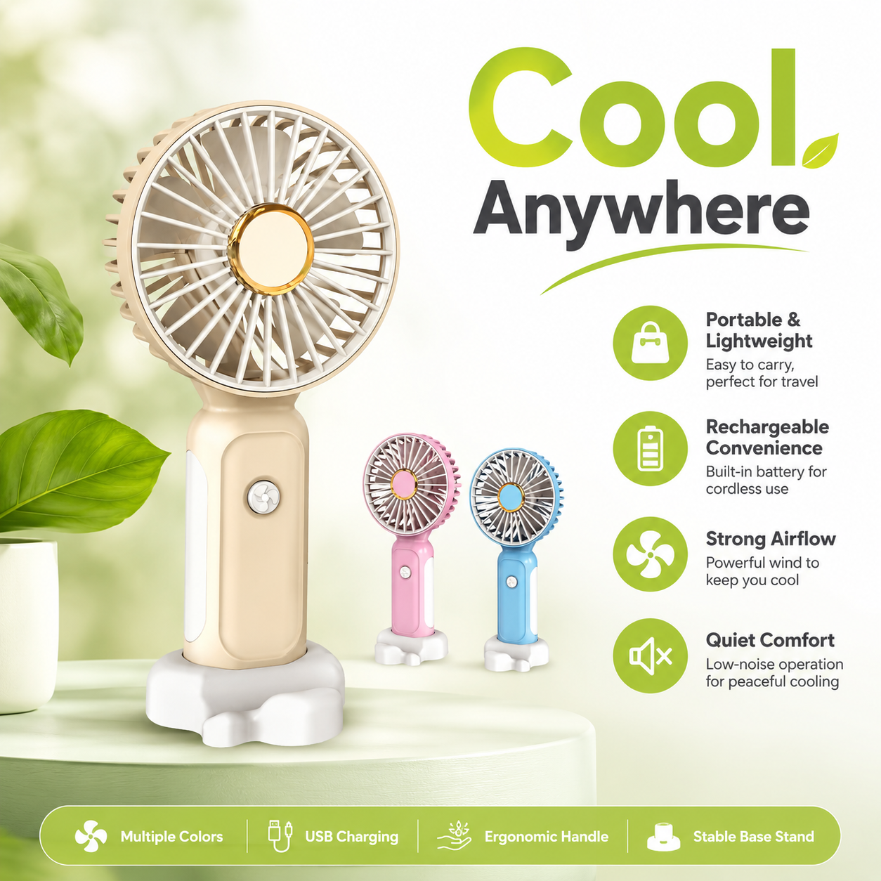 Mini Handheld Fan USB Rechargeable Portable Fan with Stand Low Noise Desk Fan for Kids Students Office Travel - Image 2