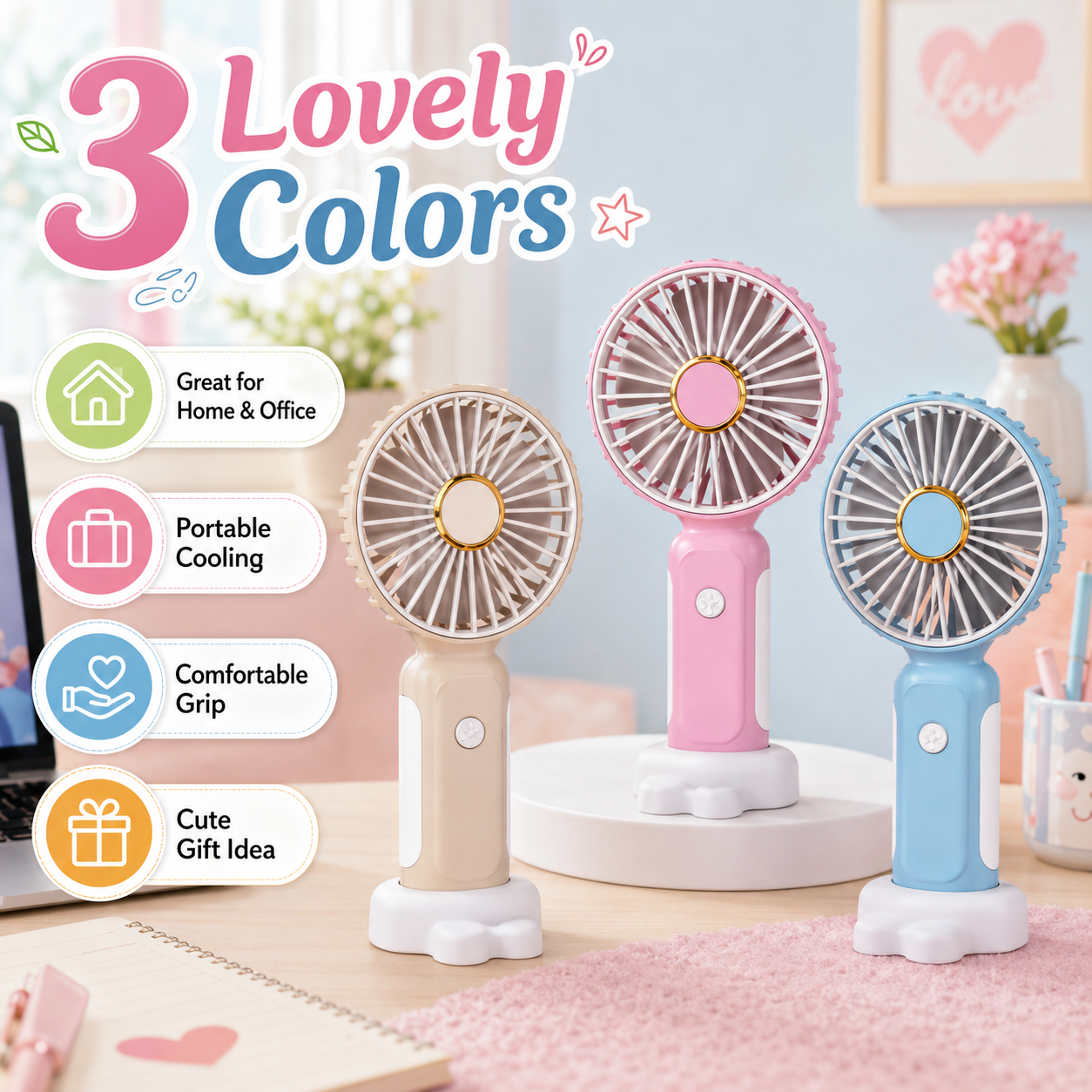Mini Handheld Fan USB Rechargeable Portable Fan with Stand Low Noise Desk Fan for Kids Students Office Travel - Image 3