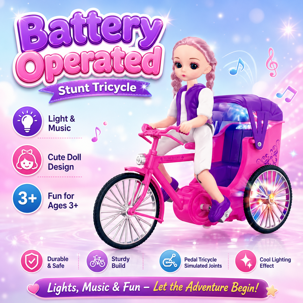 Battery Operated Trendy Girl Stunt Toy for Kids 3+ | Light & Music 360 Rotating Doll Tricycle Toy | Pink Musical Girl Cycle Toy - Image 3