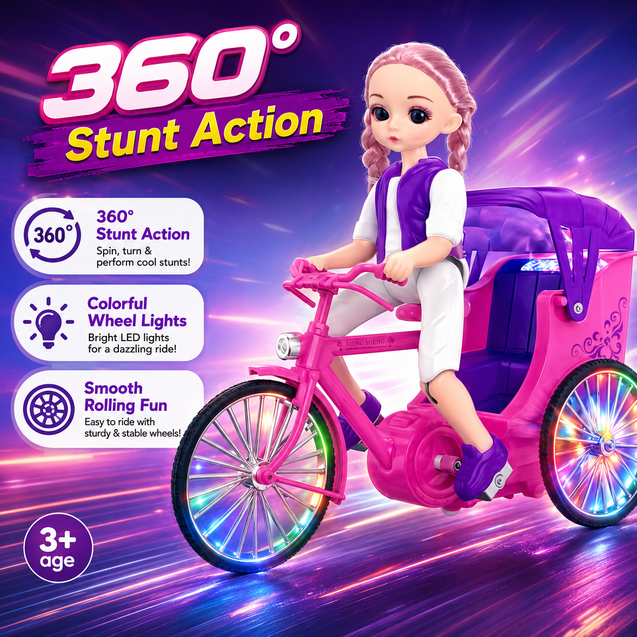 Battery Operated Trendy Girl Stunt Toy for Kids 3+ | Light & Music 360 Rotating Doll Tricycle Toy | Pink Musical Girl Cycle Toy - Image 2