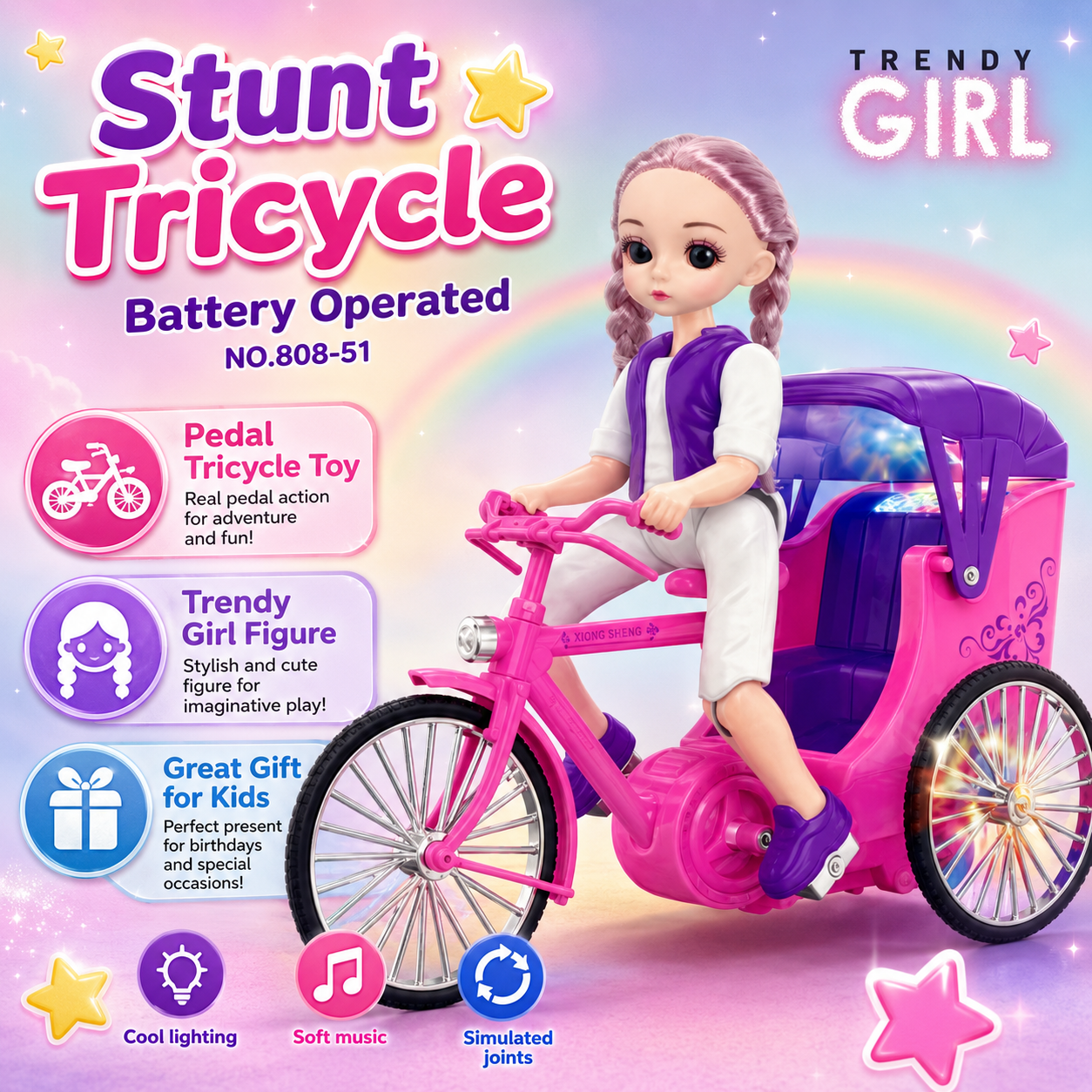 Battery Operated Trendy Girl Stunt Toy for Kids 3+ | Light & Music 360 Rotating Doll Tricycle Toy | Pink Musical Girl Cycle Toy - Image 7